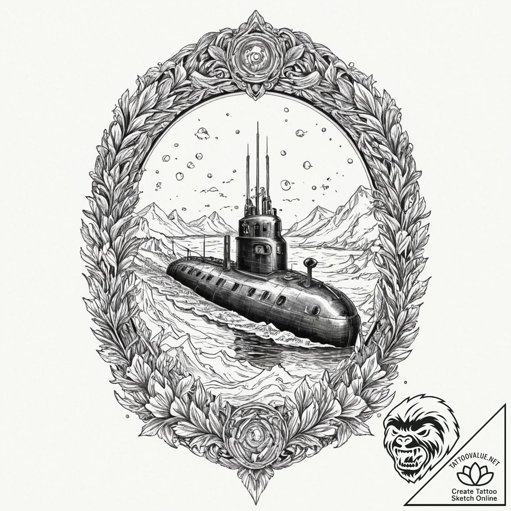 A submarine surfacing in the arctic, breaking... - tattoo sketch (№1752725120_0, 17.07.2025 04:05) — tattoovalue.net