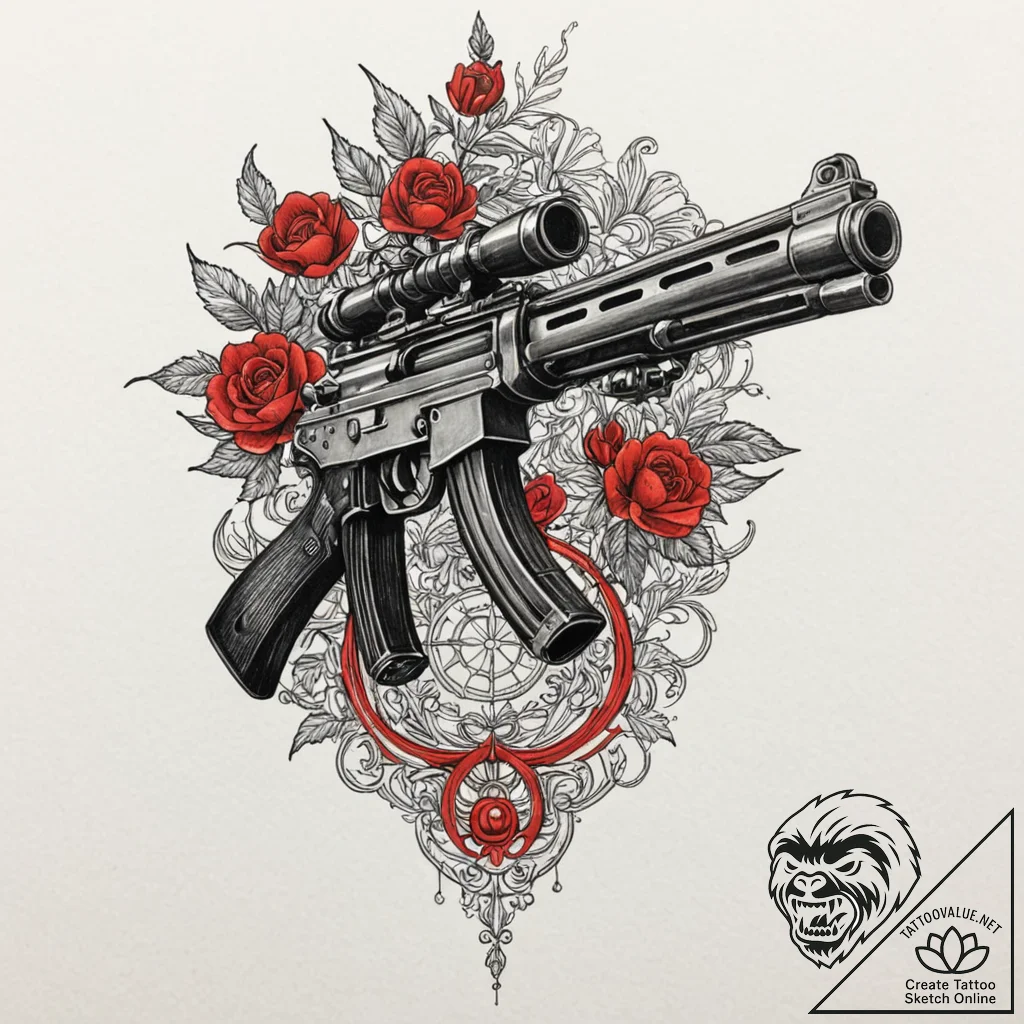 Machine gun, artistic tattoo sketch, black an... - tattoo sketch (№1752726000_0, 17.07.2025 04:20) — tattoovalue.net