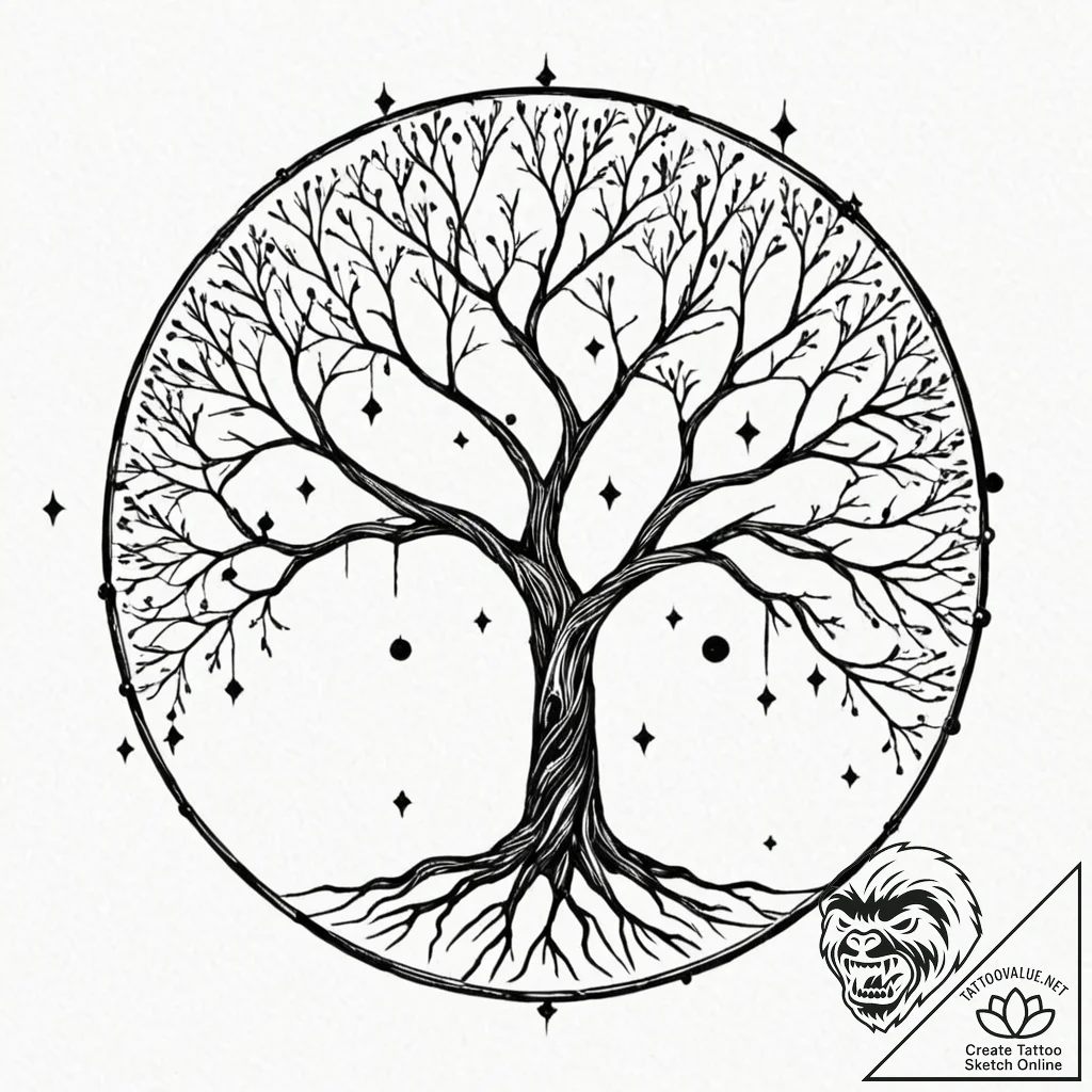 Tattoo sketch a stylized tree where the branc... - tattoo sketch (№1752726158_0, 17.07.2025 04:22) — tattoovalue.net