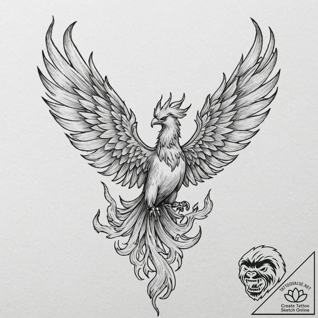 Tattoo design a phoenix, majestically flying... - tattoo sketch (№1752726681_0, 17.07.2025 04:31) — tattoovalue.net