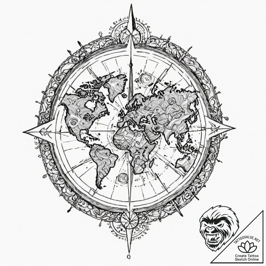 Tattoo design a compass on one partner, a wor... - tattoo sketch (№1752727795_0, 17.07.2025 04:49) — tattoovalue.net