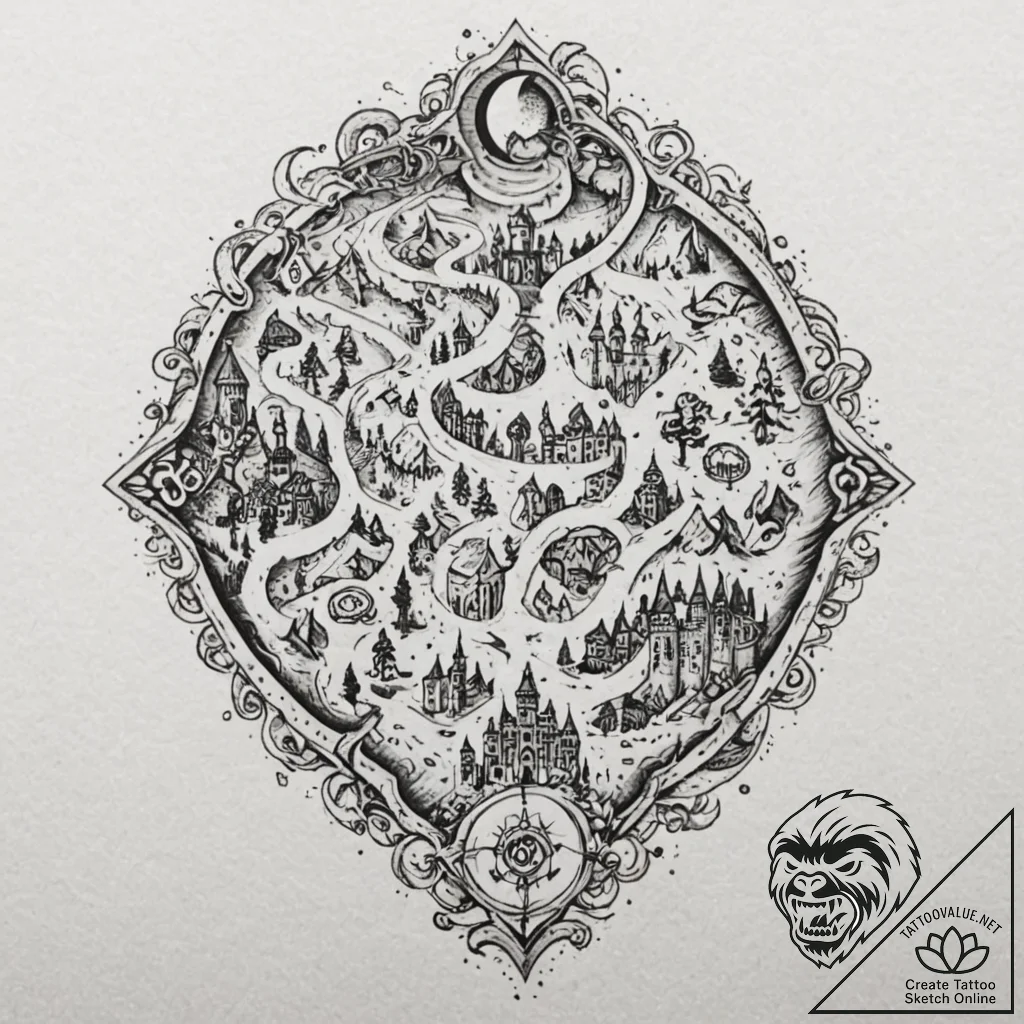 A dotwork tattoo design of the marauder's map... - tattoo sketch (№1752727955_0, 17.07.2025 04:52) — tattoovalue.net