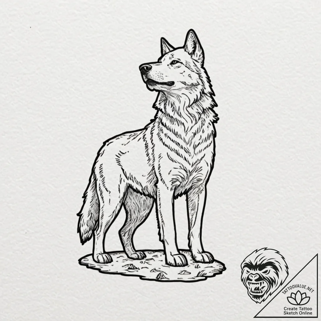 Tattoo design a lone wolf standing calmly in... - tattoo sketch (№1752728273_0, 17.07.2025 04:57) — tattoovalue.net