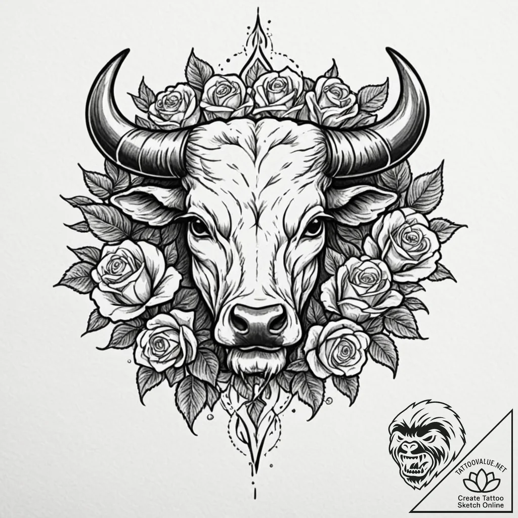 Tattoo design a taurus bull cartoonishly stub... - tattoo sketch (№1752729552_0, 17.07.2025 05:19) — tattoovalue.net