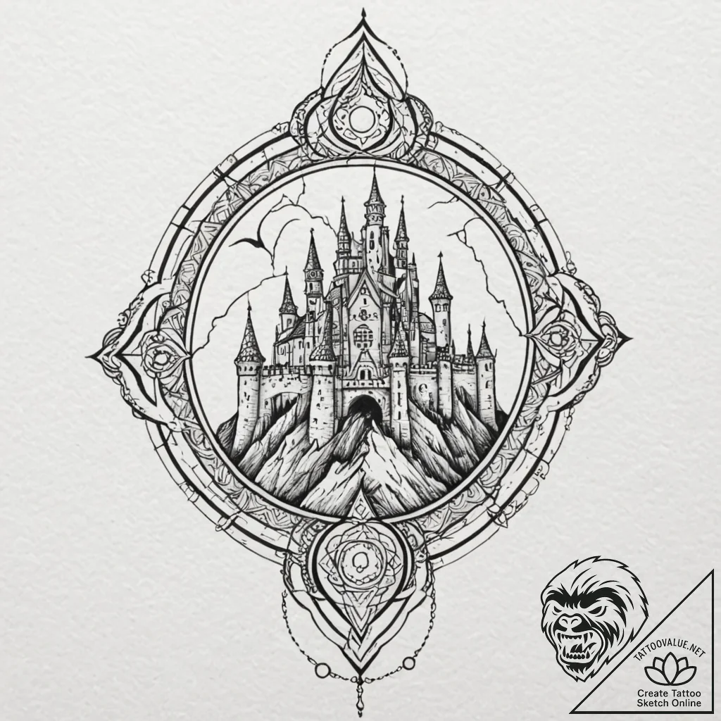 A sketch of a gothic castle on a cliff, dracu... - tattoo sketch (№1752729712_0, 17.07.2025 05:21) — tattoovalue.net