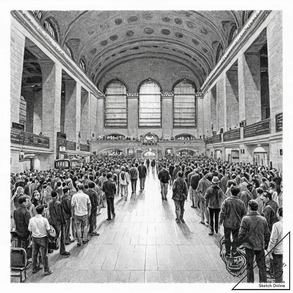 A crowded platform in a grand, old train stat... - tattoo sketch (№1752730111_0, 17.07.2025 05:28) — tattoovalue.net