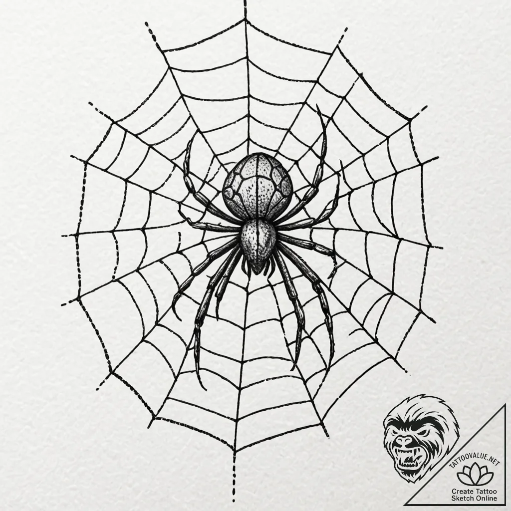 A close-up of a spider weaving its intricate... - tattoo sketch (№1752731467_0, 17.07.2025 05:51) — tattoovalue.net