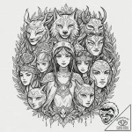A linework design of the different masks worn… – tattoo sketch (№1752732031_0, 17.07.2025 06:00) — tattoovalue.net