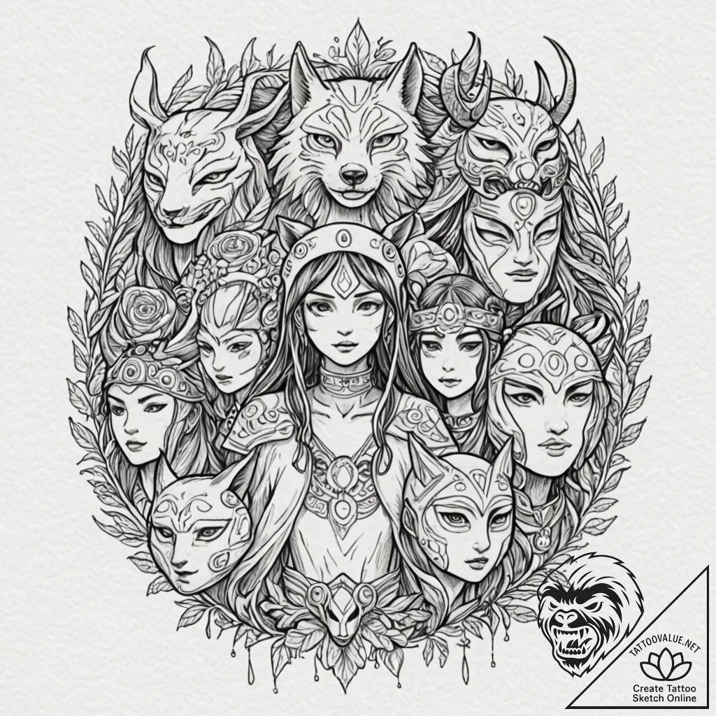 A linework design of the different masks worn... - tattoo sketch (№1752732031_0, 17.07.2025 06:00) — tattoovalue.net