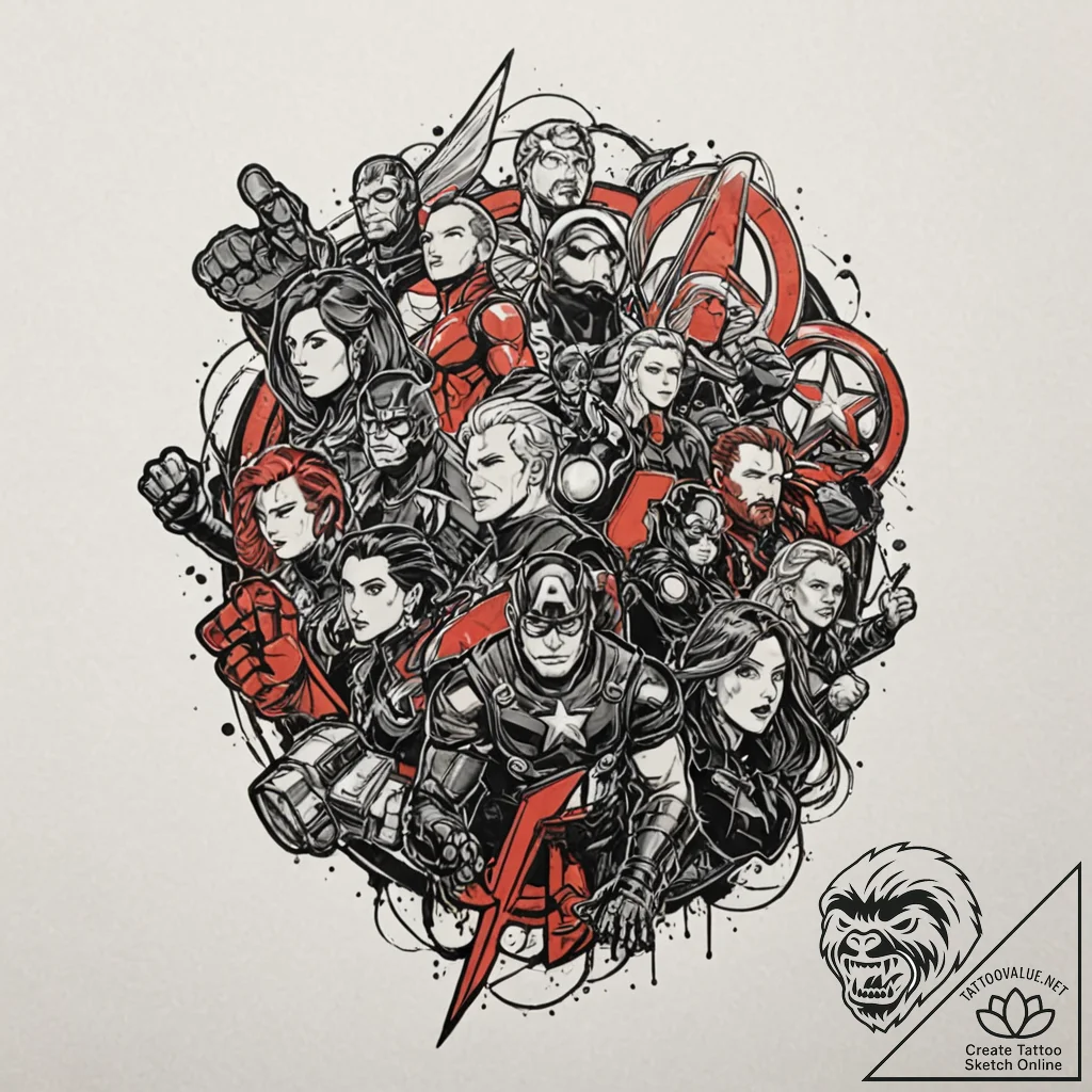 A graphic novel panel of the "avengers assemb... - tattoo sketch (№1752732432_0, 17.07.2025 06:07) — tattoovalue.net