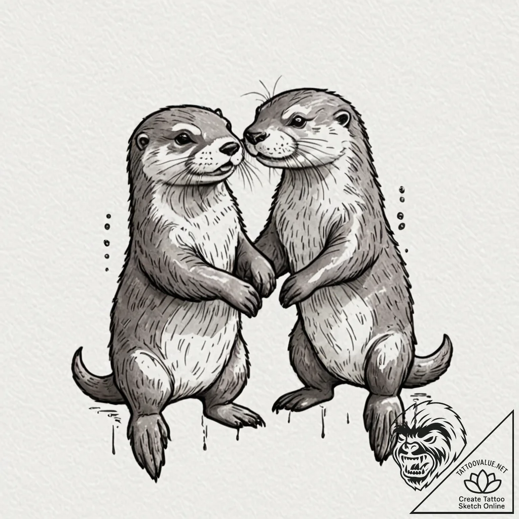 Tattoo design a pair of otters holding hands,... - tattoo sketch (№1752735213_0, 17.07.2025 06:53) — tattoovalue.net