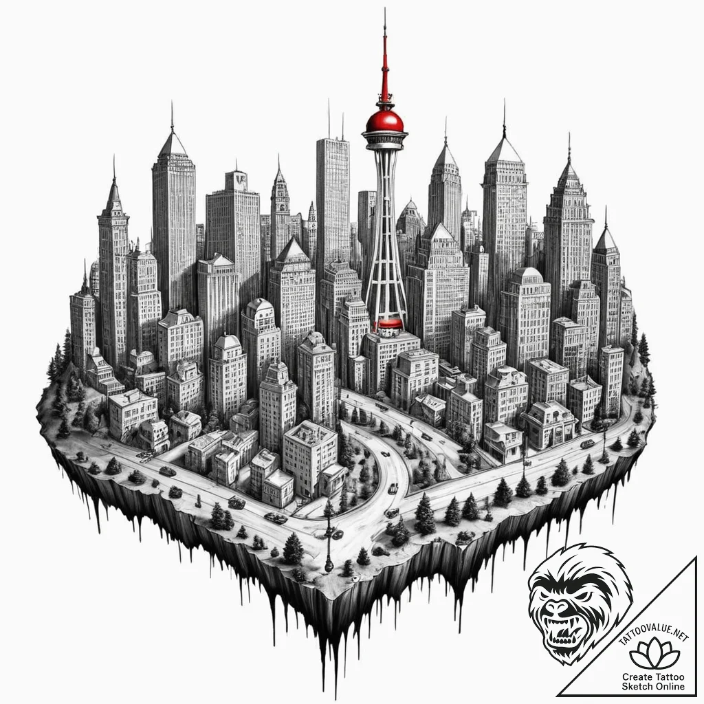 Tattoo design a highly detailed miniature cit... - tattoo sketch (№1752736070_0, 17.07.2025 07:07) — tattoovalue.net