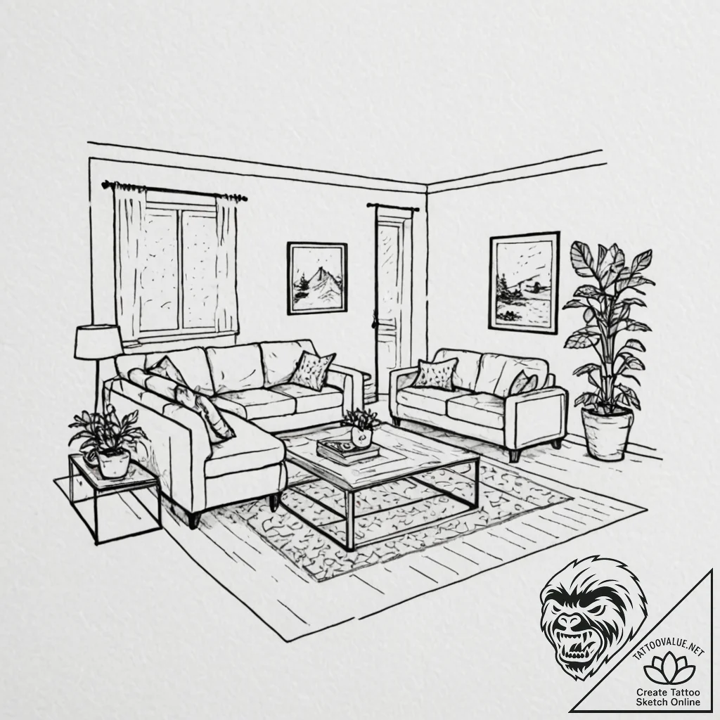 A minimalist, scandinavian-style living room... - tattoo sketch (№1752737385_0, 17.07.2025 07:29) — tattoovalue.net