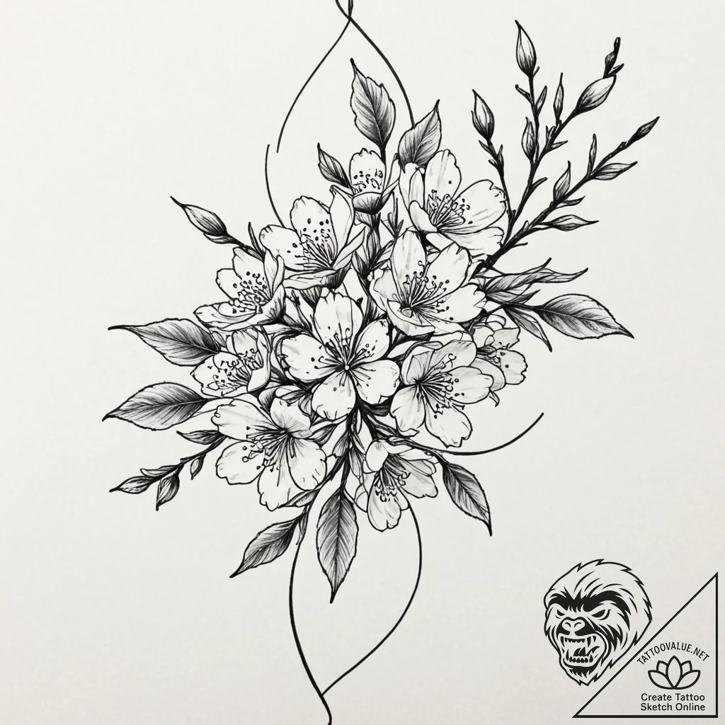 Sakura, tattoo line art, on a clean white pap... - tattoo sketch (№1752738866_0, 17.07.2025 07:54) — tattoovalue.net