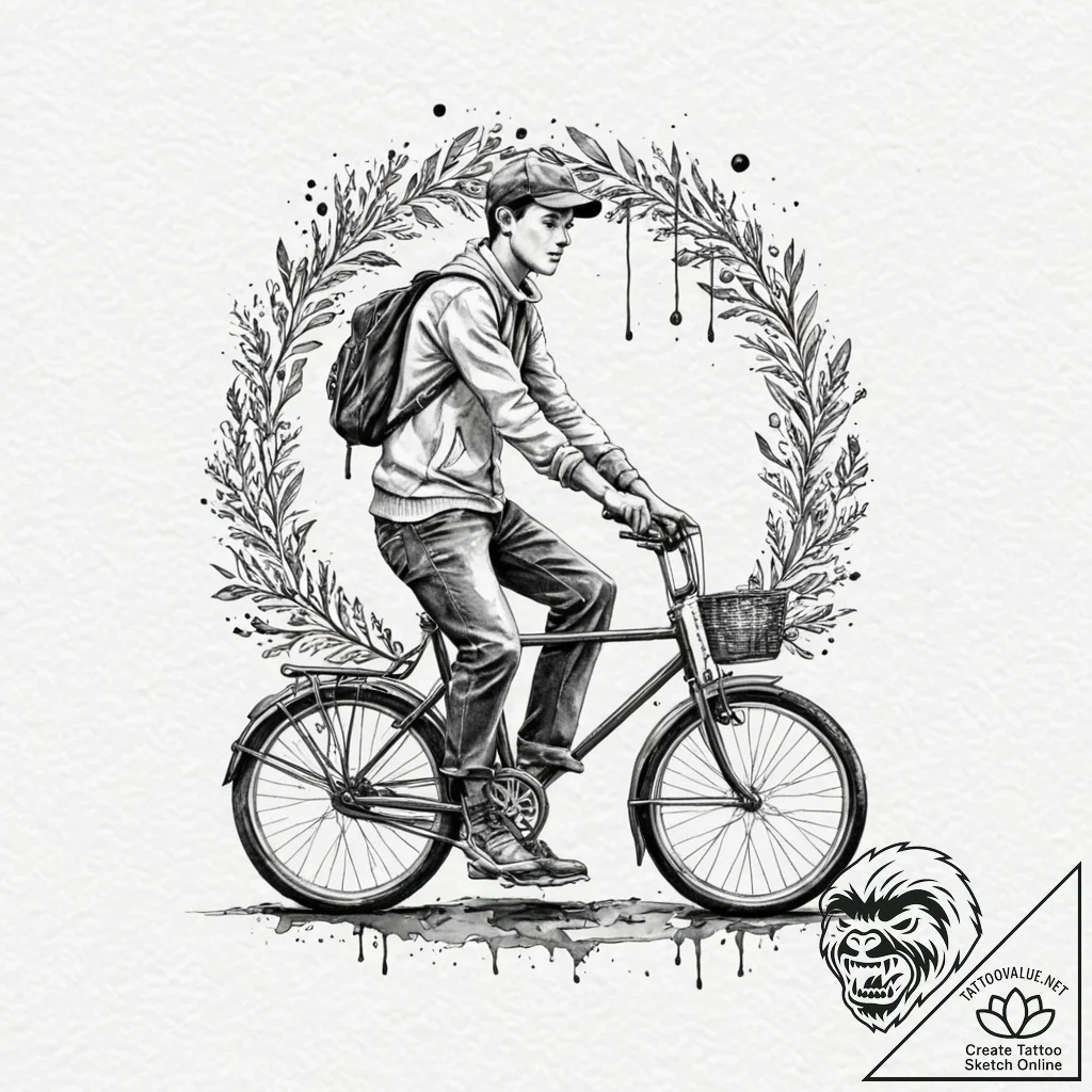 A linework tattoo of the bicycle scene from b... - tattoo sketch (№1752740262_0, 17.07.2025 08:17) — tattoovalue.net