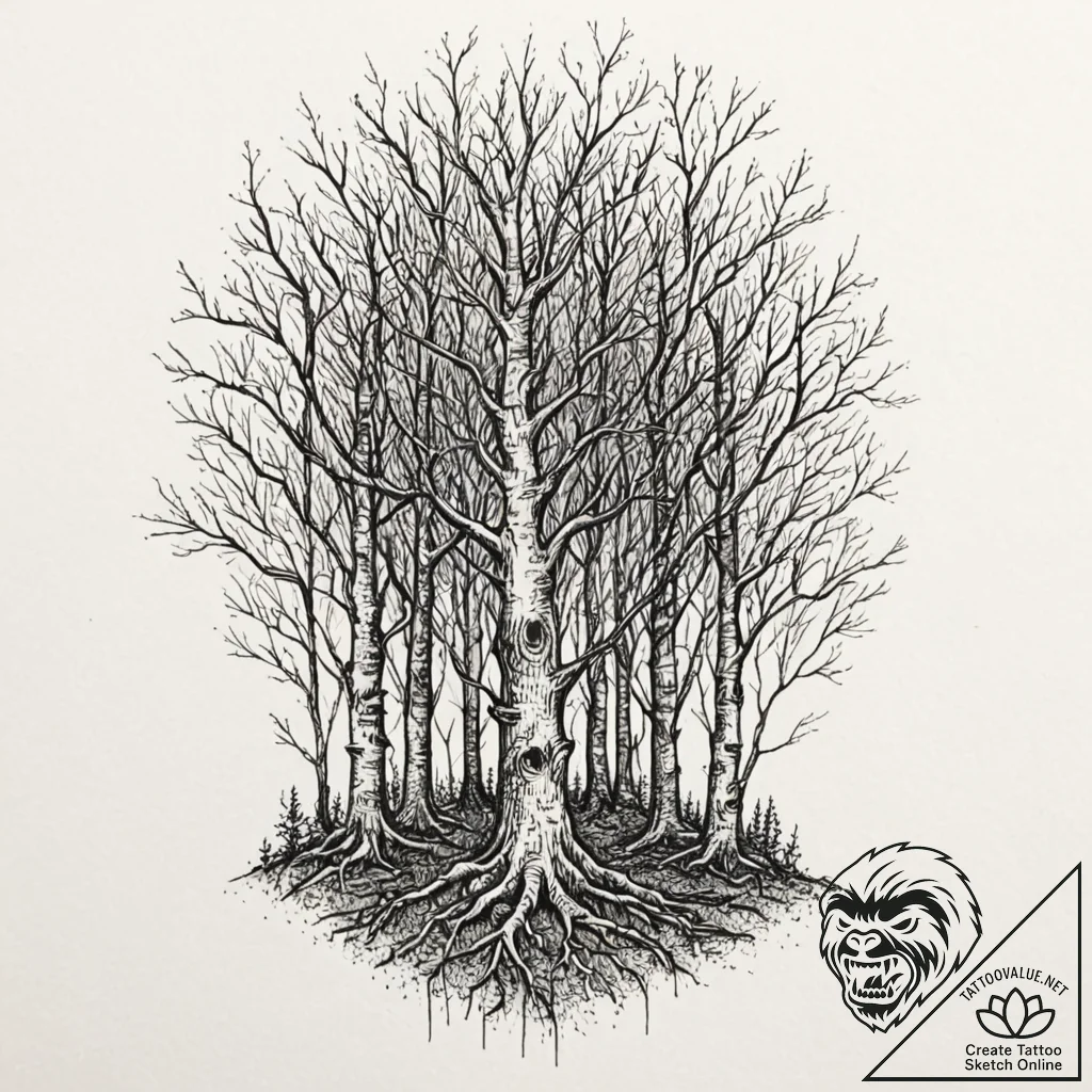 Tattoo design a forest of varied trees, each... - tattoo sketch (№1752740421_0, 17.07.2025 08:20) — tattoovalue.net