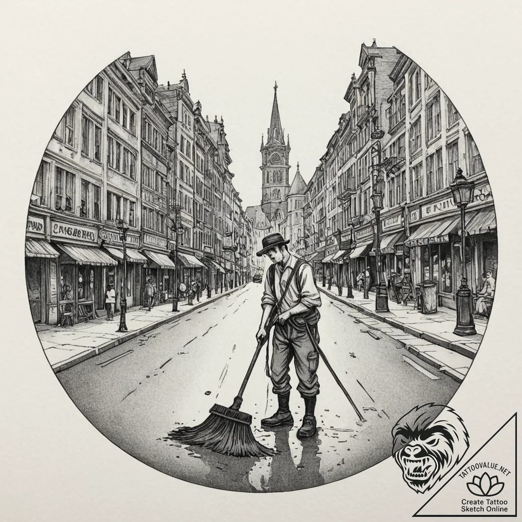 A street sweeper cleaning a city street in th... - tattoo sketch (№1752741371_0, 17.07.2025 08:36) — tattoovalue.net