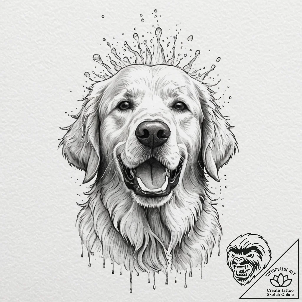 A close-up portrait of a wet golden retriever... - tattoo sketch (№1752741447_0, 17.07.2025 08:37) — tattoovalue.net