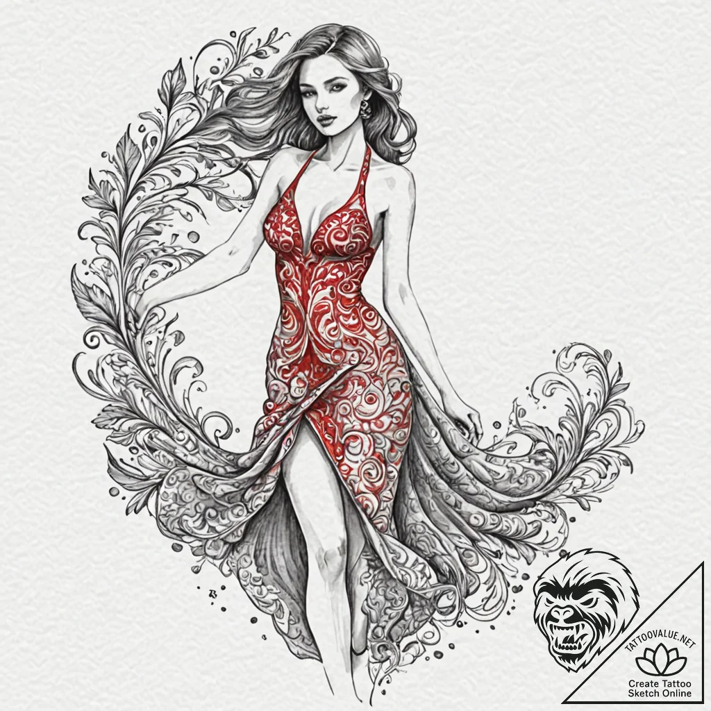 Watercolor sketch of the "woman in the red dr... - tattoo sketch (№1752741830_0, 17.07.2025 08:43) — tattoovalue.net