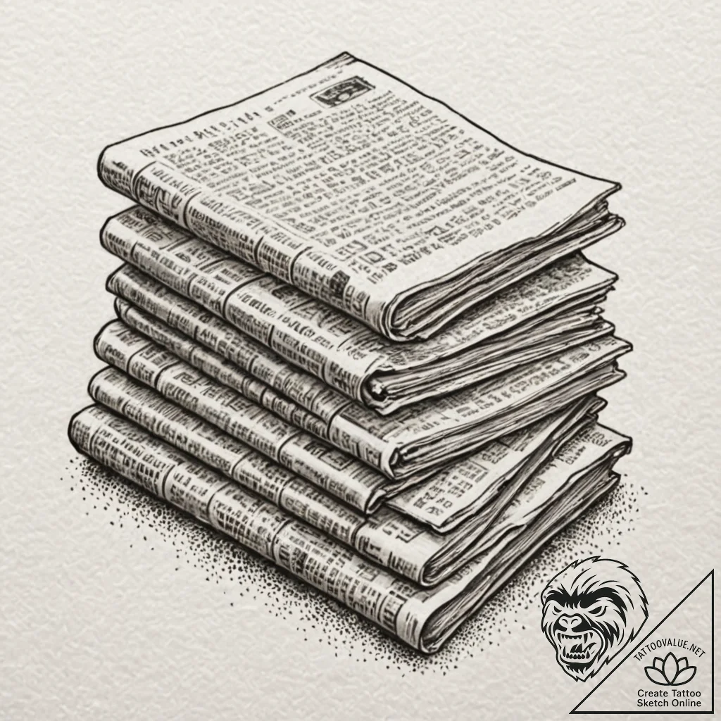 A close-up of a stack of old, yellowed newspa... - tattoo sketch (№1752743131_0, 17.07.2025 09:05) — tattoovalue.net