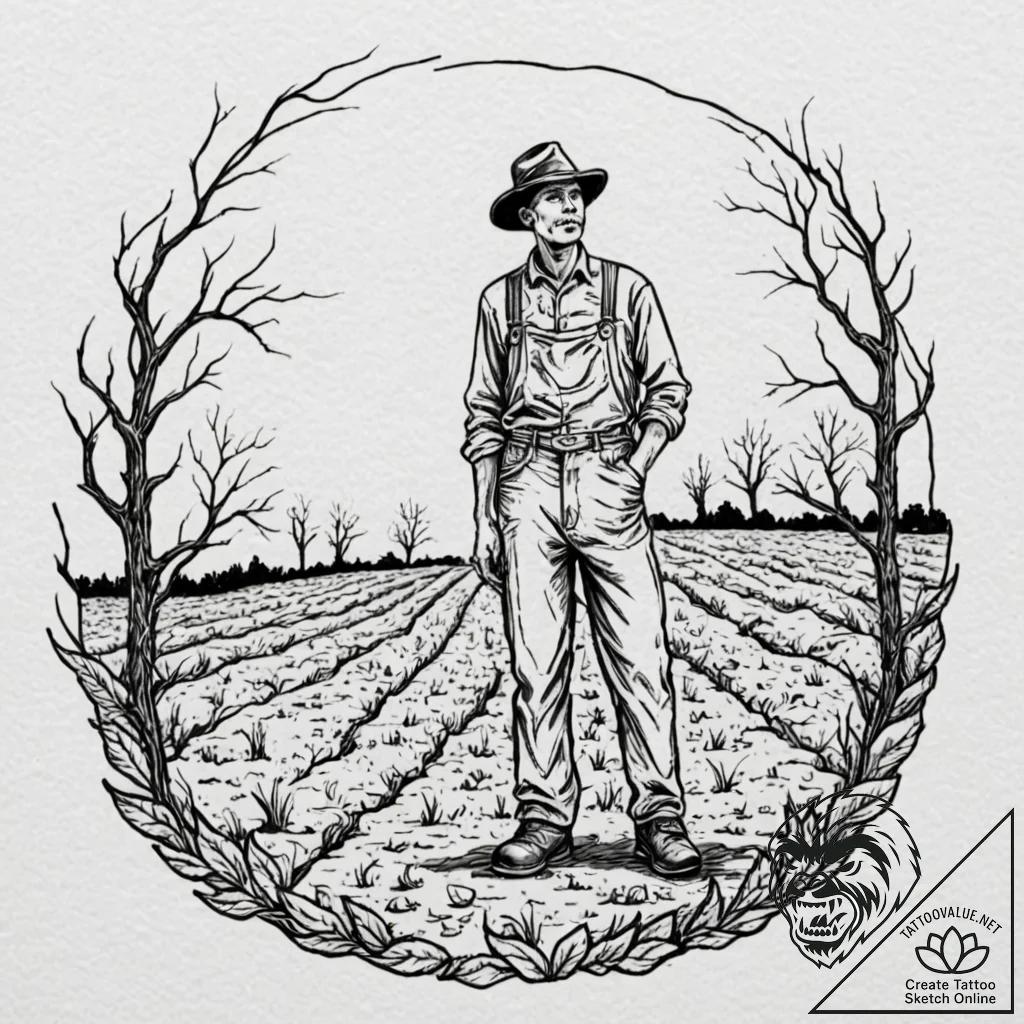 A powerful image of a farmer standing in a dr... - tattoo sketch (№1752745586_0, 17.07.2025 09:46) — tattoovalue.net