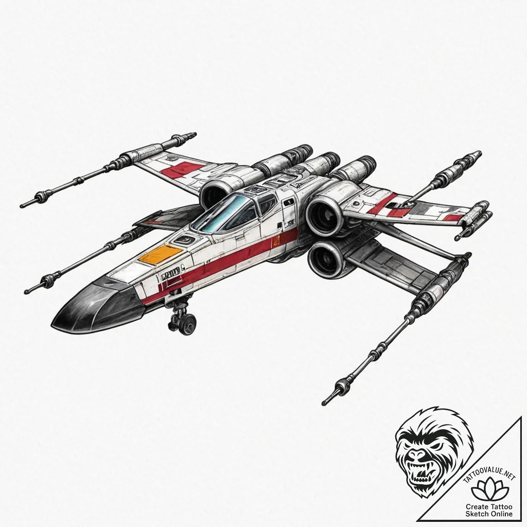 Neo-traditional tattoo of an x-wing fighter,... - tattoo sketch (№1752746522_0, 17.07.2025 10:02) — tattoovalue.net
