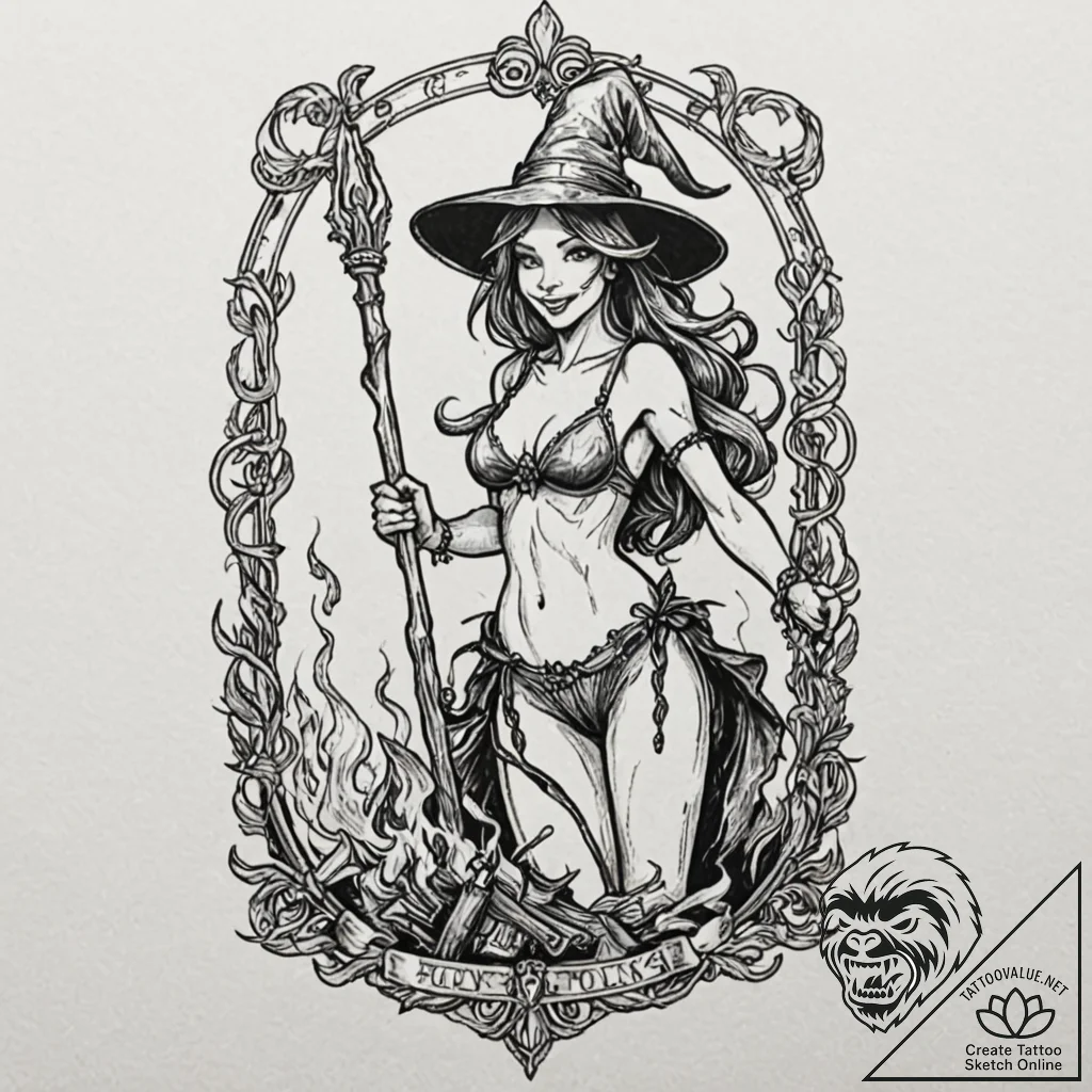 A trash polka tattoo of a beautiful witch bei... - tattoo sketch (№1752749790_0, 17.07.2025 10:56) — tattoovalue.net