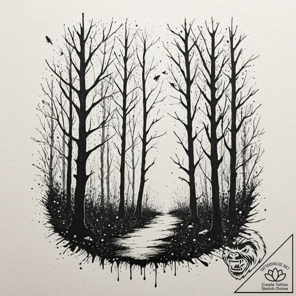 Tattoo sketch an ethereal forest scene with g... - tattoo sketch (№1752750620_0, 17.07.2025 11:10) — tattoovalue.net