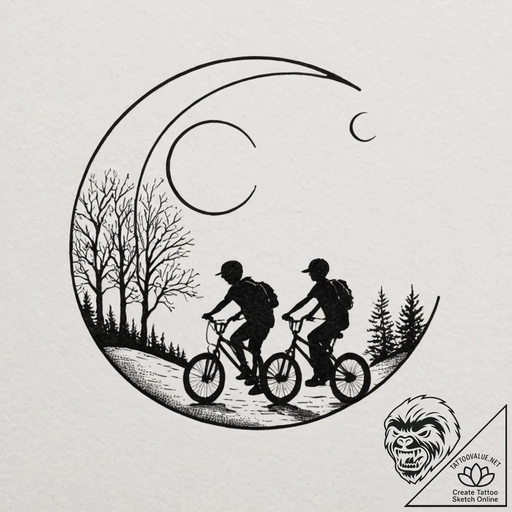 A linework tattoo of the kids on their bikes,... - tattoo sketch (№1752751185_0, 17.07.2025 11:19) — tattoovalue.net