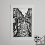 A rain-slicked cobblestone street in a histor… – tattoo sketch (№1752754854_0, 17.07.2025 12:20) — tattoovalue.net