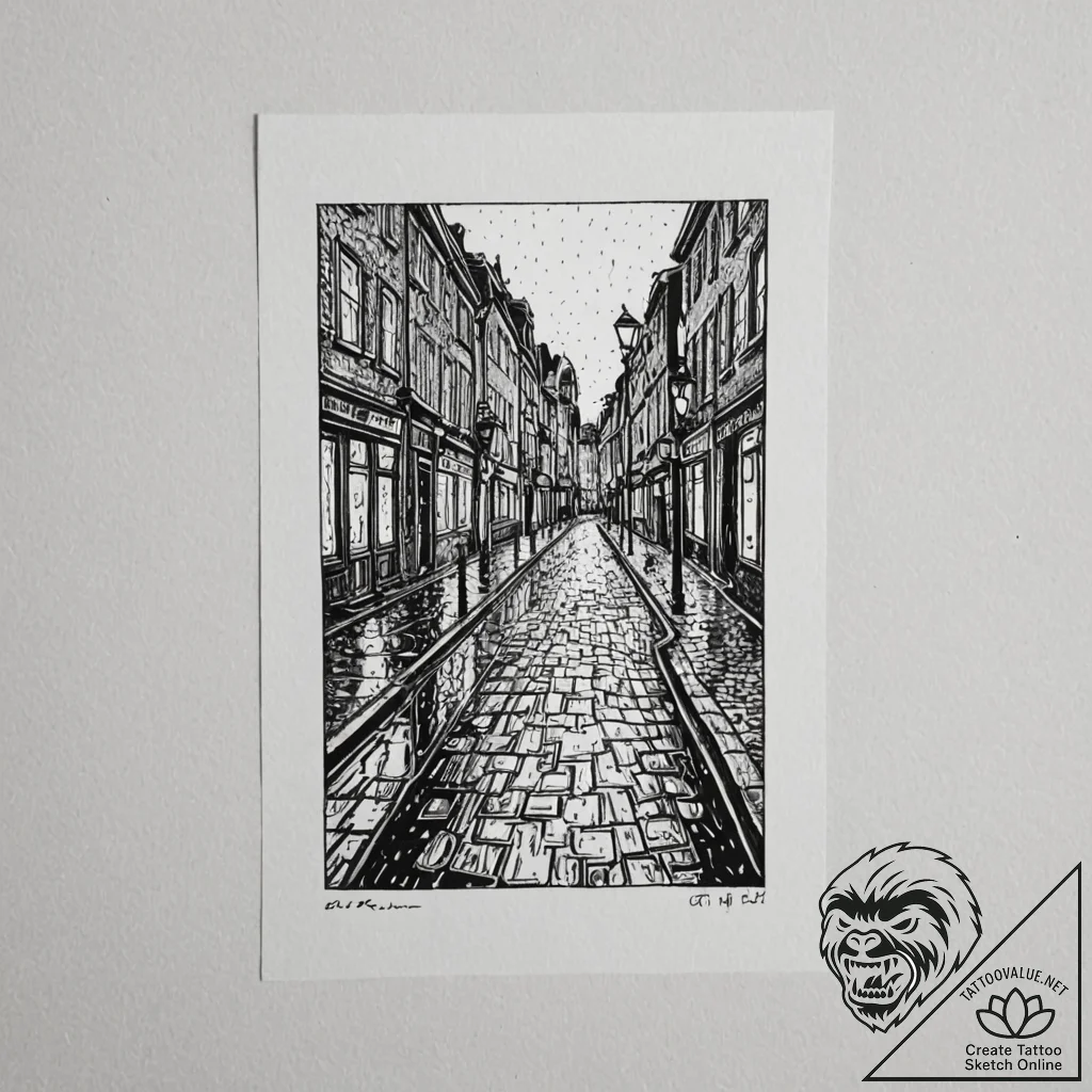 A rain-slicked cobblestone street in a histor... - tattoo sketch (№1752754854_0, 17.07.2025 12:20) — tattoovalue.net