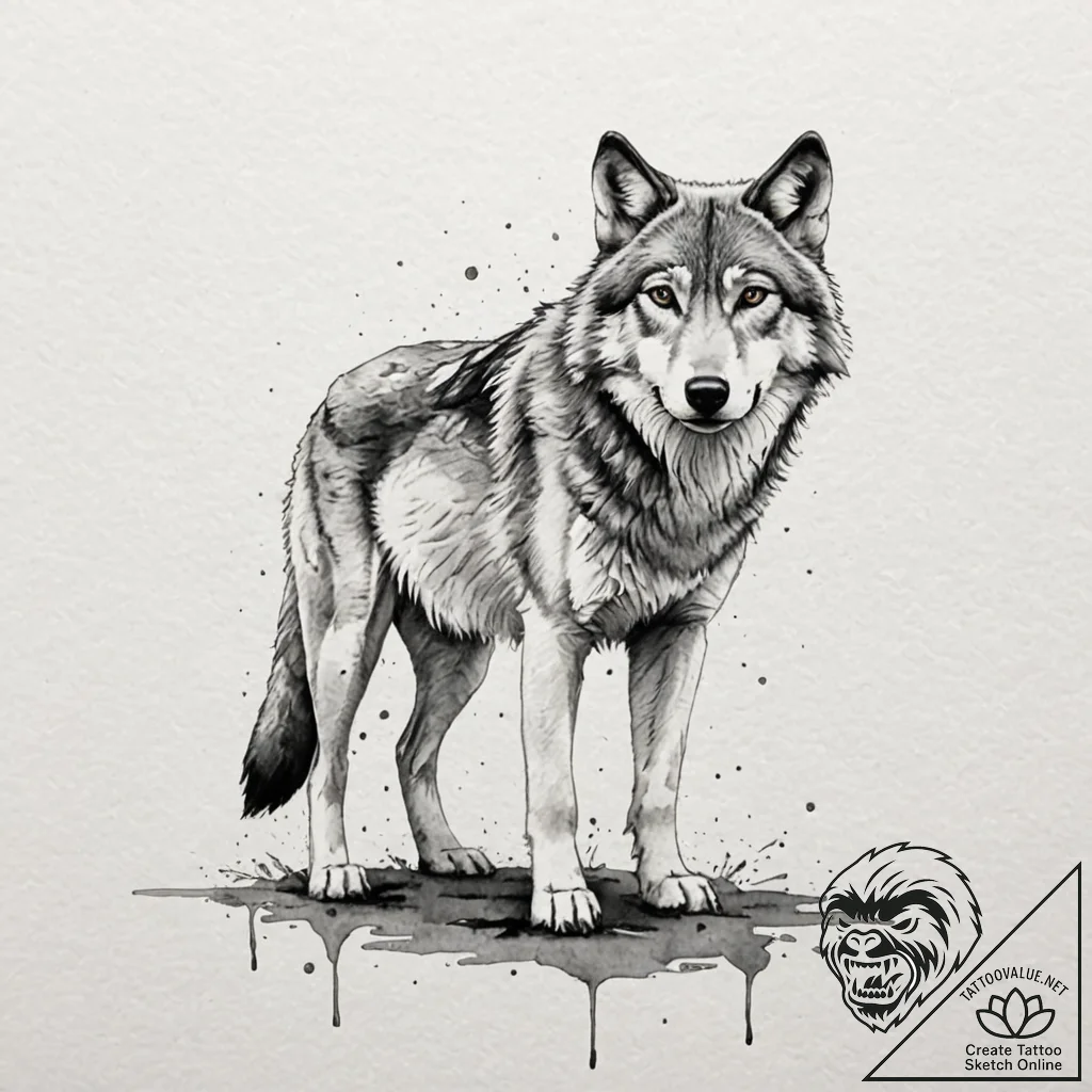 Tattoo design a lone wolf standing calmly in... - tattoo sketch (№1752756050_0, 17.07.2025 12:40) — tattoovalue.net