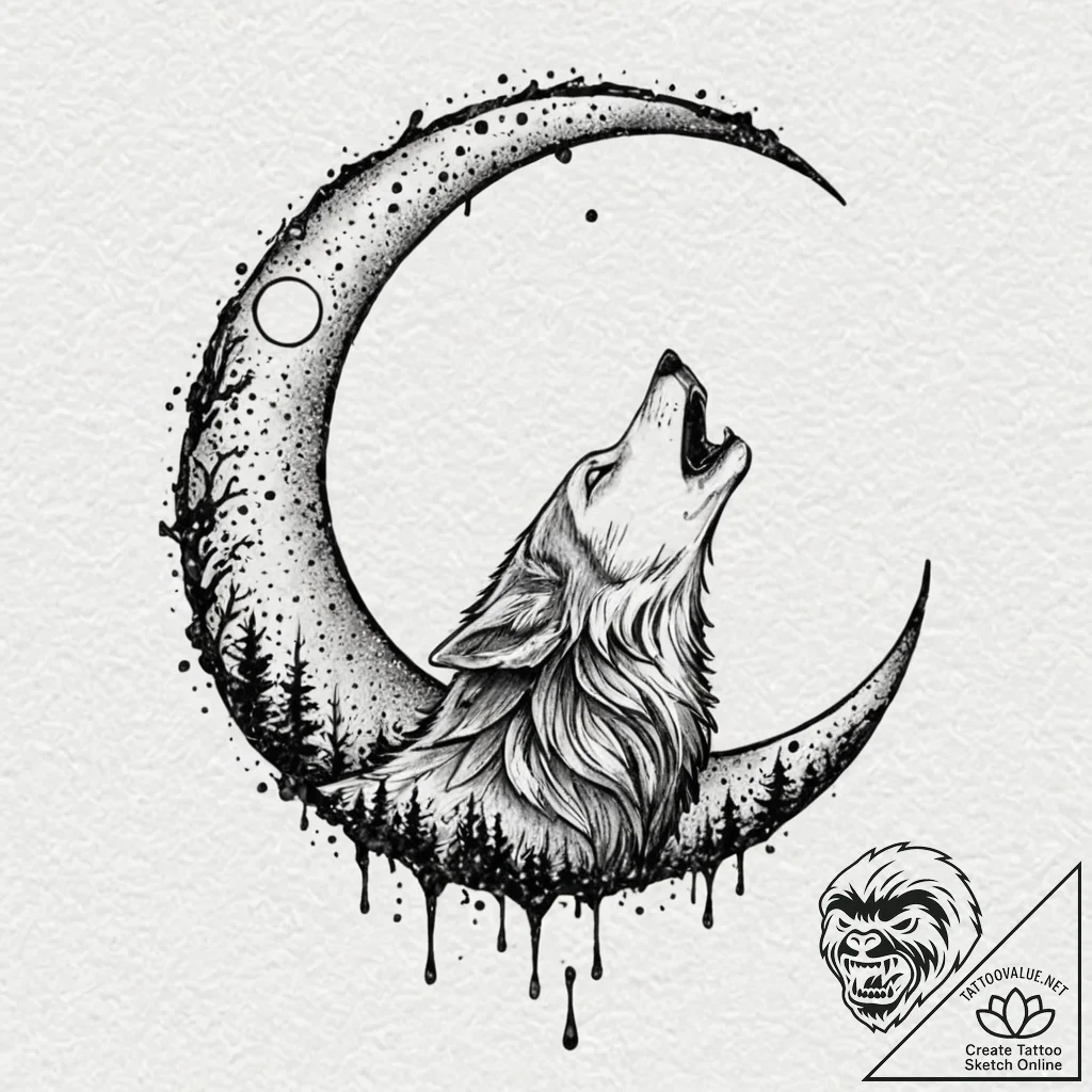 A dotwork tattoo design of a wolf howling at... - tattoo sketch (№1752759730_0, 17.07.2025 13:42) — tattoovalue.net