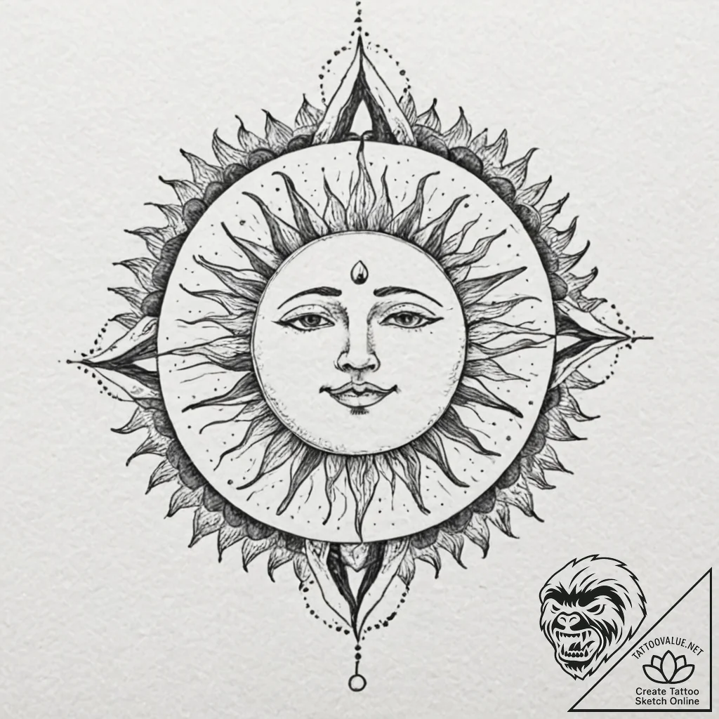 Tattoo sketch a stylized sun and moon intertw... - tattoo sketch (№1752769416_0, 17.07.2025 16:23) — tattoovalue.net