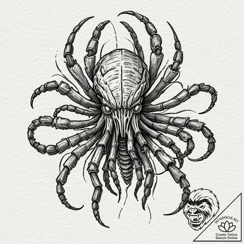 Linework tattoo of a facehugger, minimalist a... - tattoo sketch (№1752770152_0, 17.07.2025 16:35) — tattoovalue.net