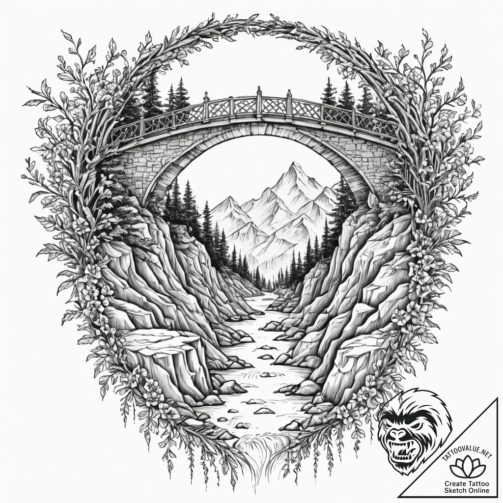 Tattoo sketch a bridge leading over a chasm,... - tattoo sketch (№1752771542_0, 17.07.2025 16:59) — tattoovalue.net