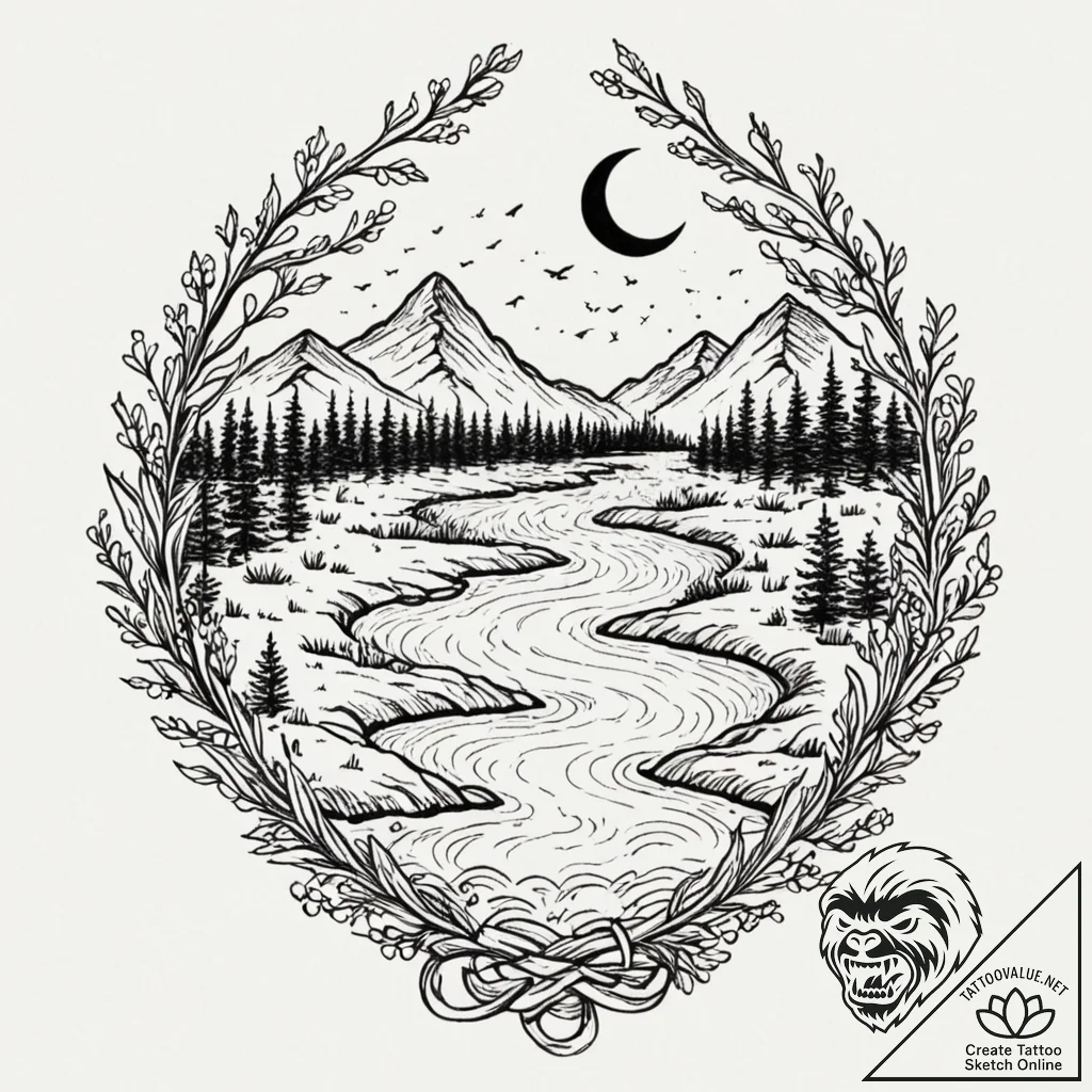 Tattoo design: a landscape of fertile earth a... - tattoo sketch (№1752771623_0, 17.07.2025 17:00) — tattoovalue.net