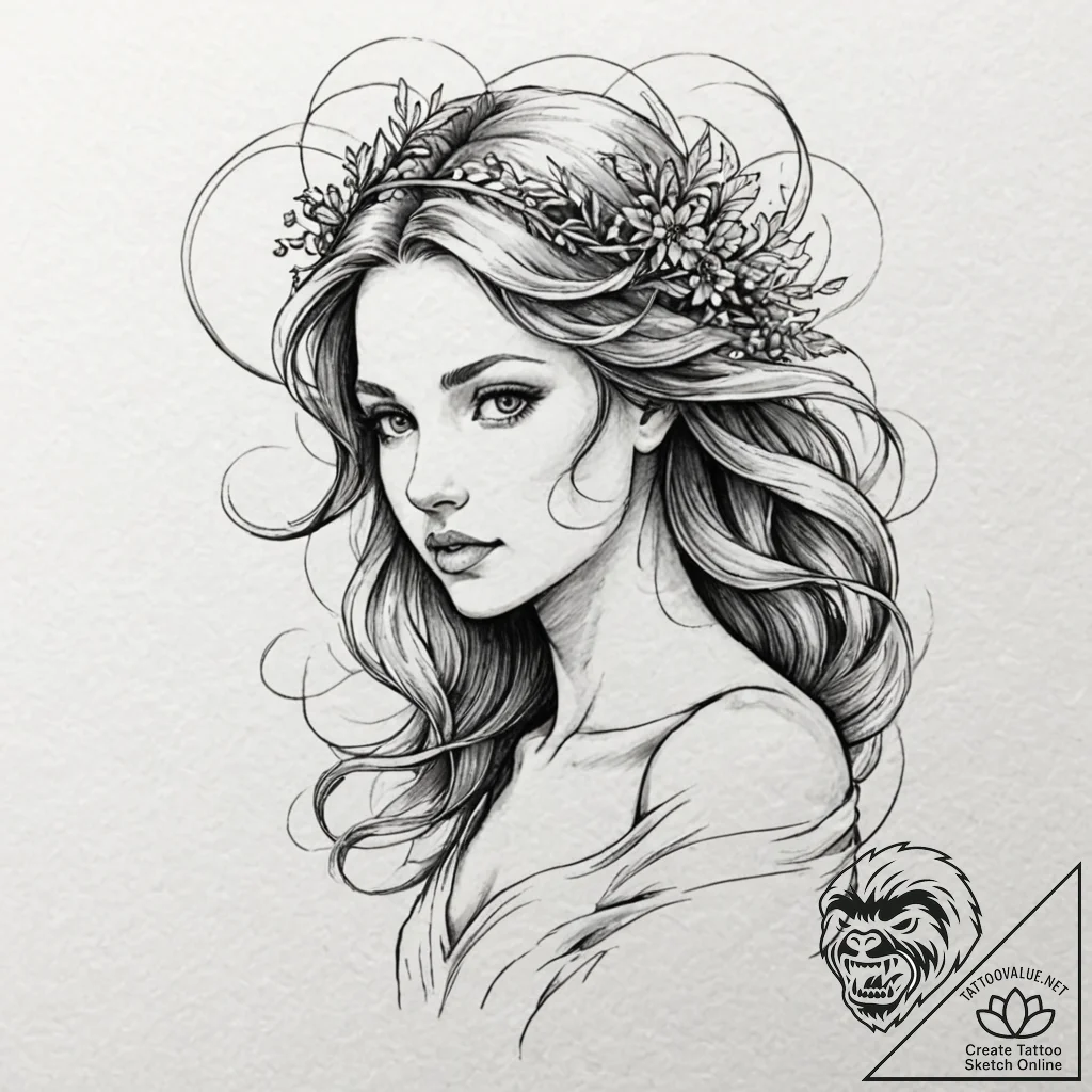 Tattoo design a virgo maiden, depicted in a d... - tattoo sketch (№1752771953_0, 17.07.2025 17:05) — tattoovalue.net