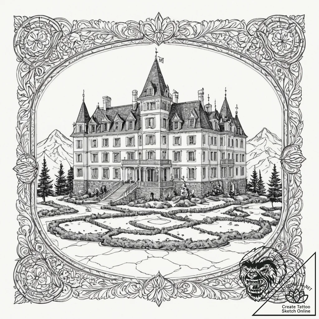A linework tattoo of the overlook hotel carpe... - tattoo sketch (№1752772850_0, 17.07.2025 17:20) — tattoovalue.net