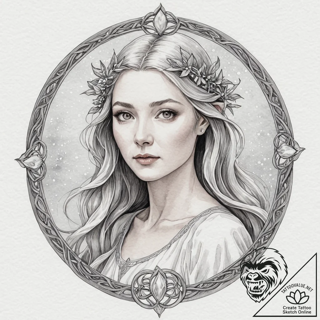 A watercolor portrait of galadriel, surrounde... - tattoo sketch (№1752773507_0, 17.07.2025 17:31) — tattoovalue.net