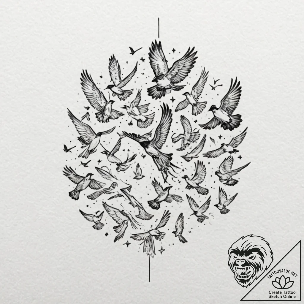 Tattoo sketch a flock of birds flying in form... - tattoo sketch (№1752777657_0, 17.07.2025 18:40) — tattoovalue.net