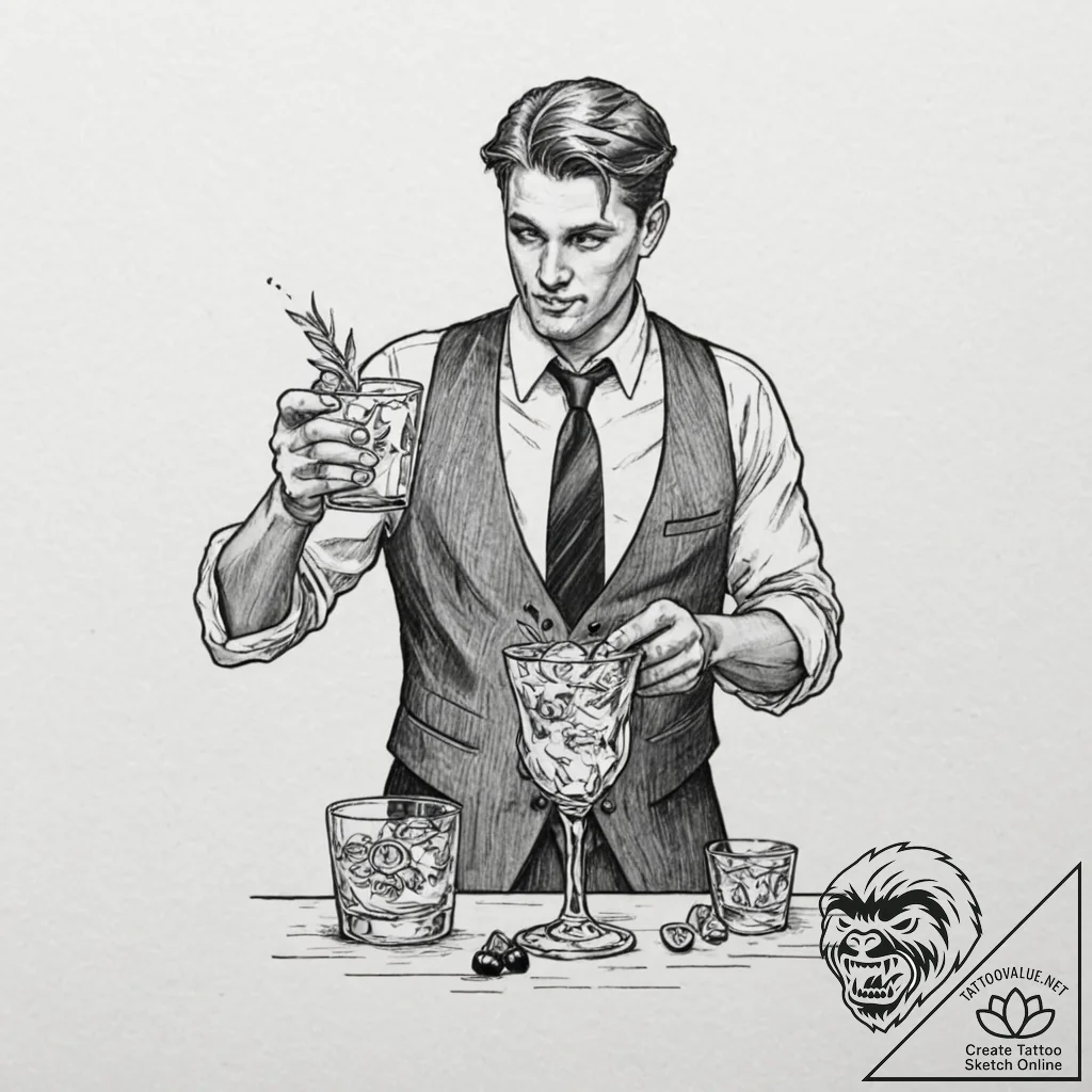 A close-up of a bartender pouring a craft coc... - tattoo sketch (№1752778380_0, 17.07.2025 18:53) — tattoovalue.net