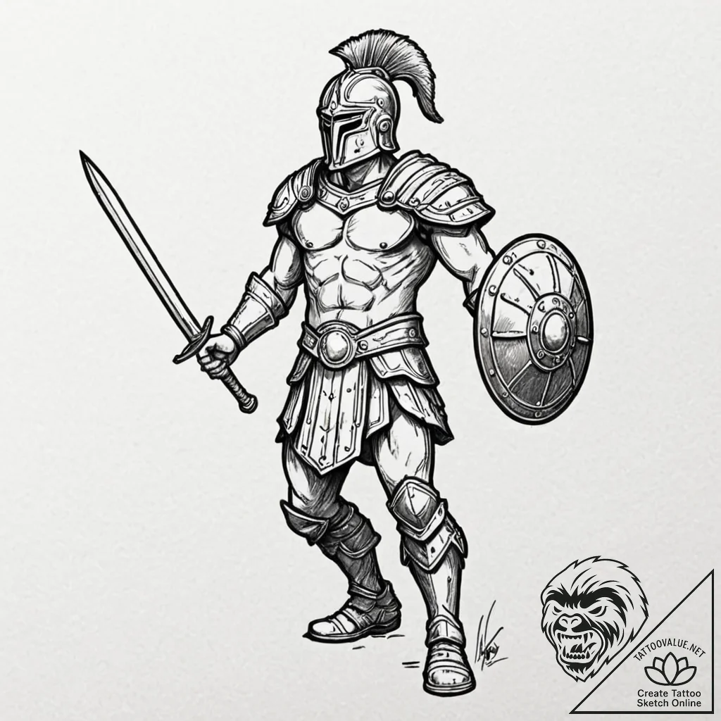 Gladiator, tattoo drawing outline, on a clean... - tattoo sketch (№1752779434_0, 17.07.2025 19:10) — tattoovalue.net