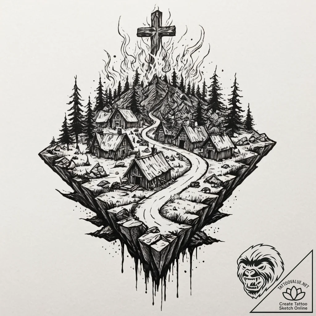 A graphic novel style tattoo of the burning v... - tattoo sketch (№1752780067_0, 17.07.2025 19:21) — tattoovalue.net