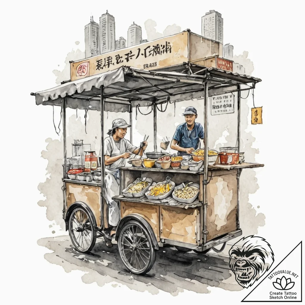 A street food vendor serving noodles from a c... - tattoo sketch (№1752780305_0, 17.07.2025 19:25) — tattoovalue.net