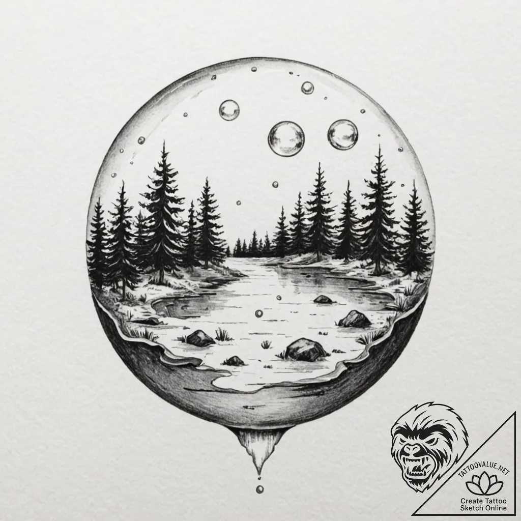 Tattoo design a floating bubble with a tiny,... - tattoo sketch (№1752783005_0, 17.07.2025 20:10) — tattoovalue.net