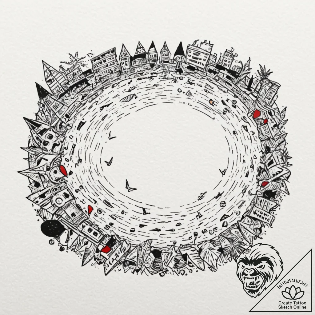 A crowded beach scene, shot from a high angle... - tattoo sketch (№1752783961_0, 17.07.2025 20:26) — tattoovalue.net