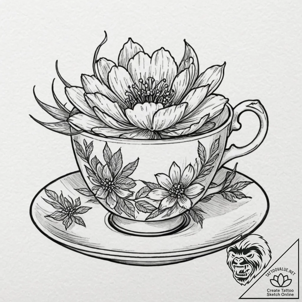 Tattoo sketch a small, elegant teacup with a... - tattoo sketch (№1752784203_0, 17.07.2025 20:30) — tattoovalue.net