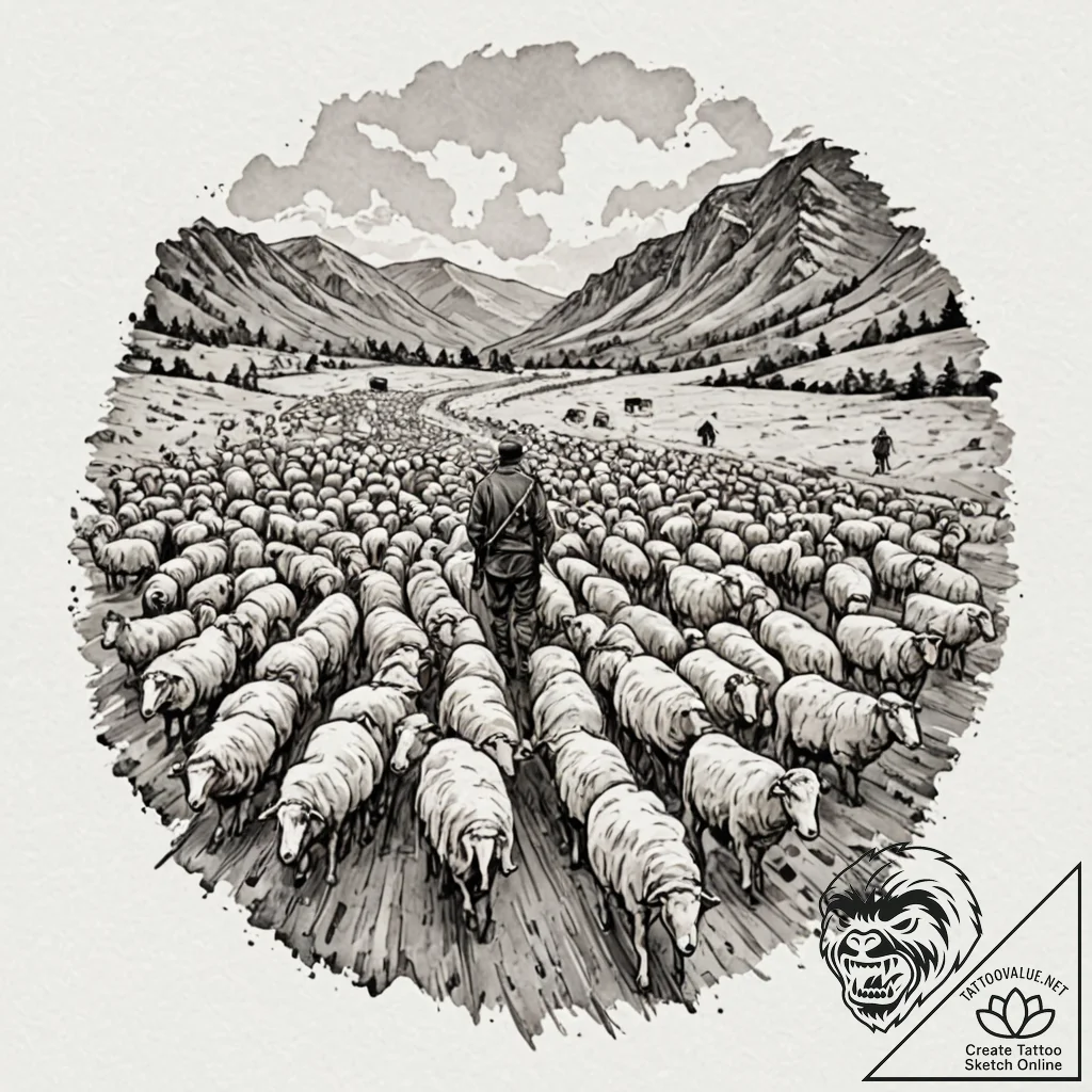 A shot of a shepherd guiding a flock of sheep... - tattoo sketch (№1752787546_0, 17.07.2025 21:25) — tattoovalue.net