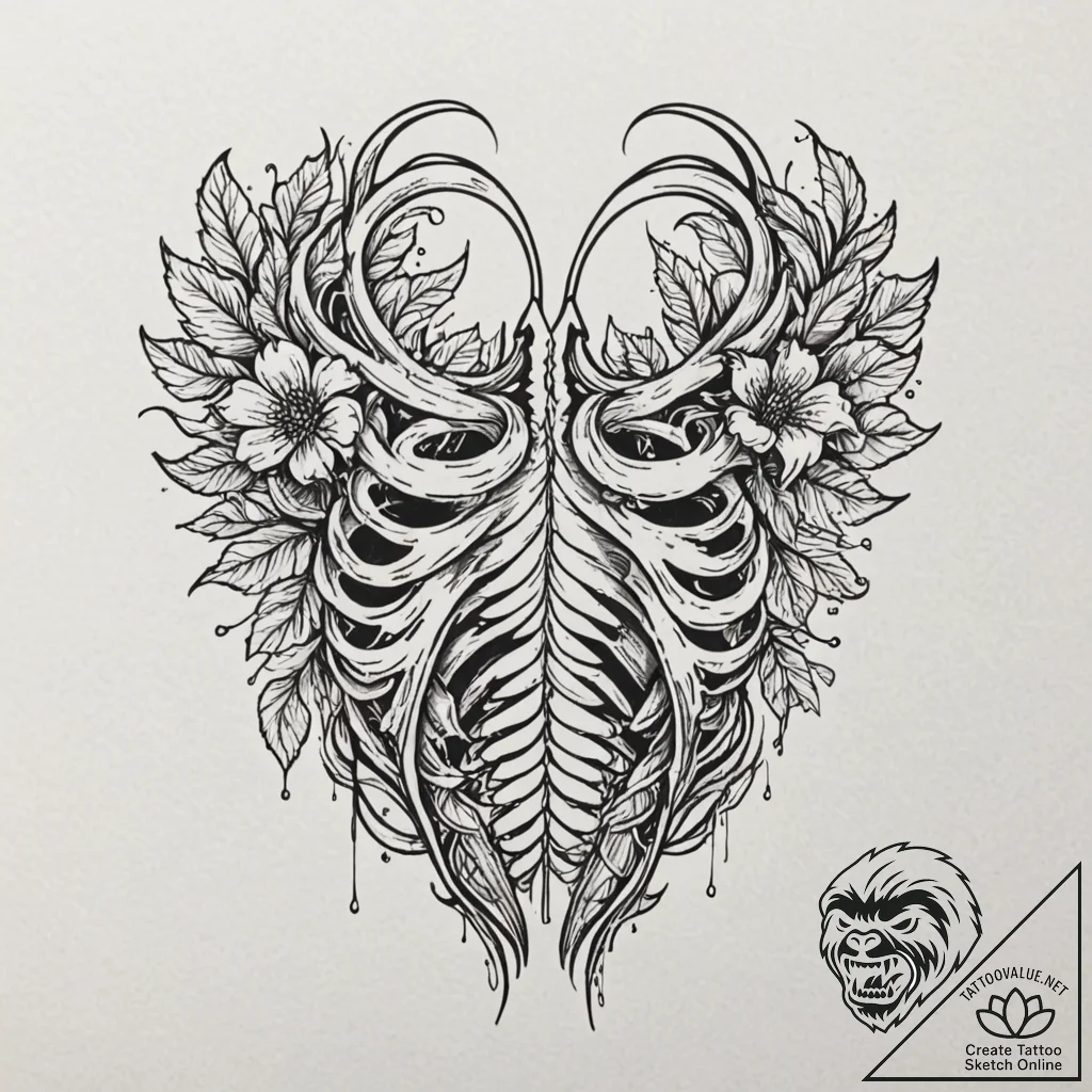 Tattoo sketch a ribcage adorned with delicate... - tattoo sketch (№1752788186_0, 17.07.2025 21:36) — tattoovalue.net